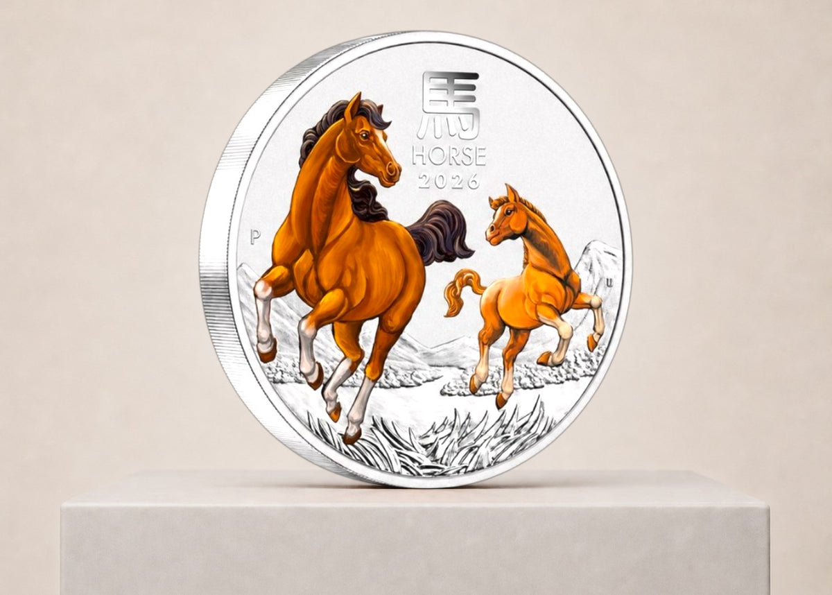 Australian Lunar III Horse 2026 1 kg sølvmønt – farvet – produktbillede 3