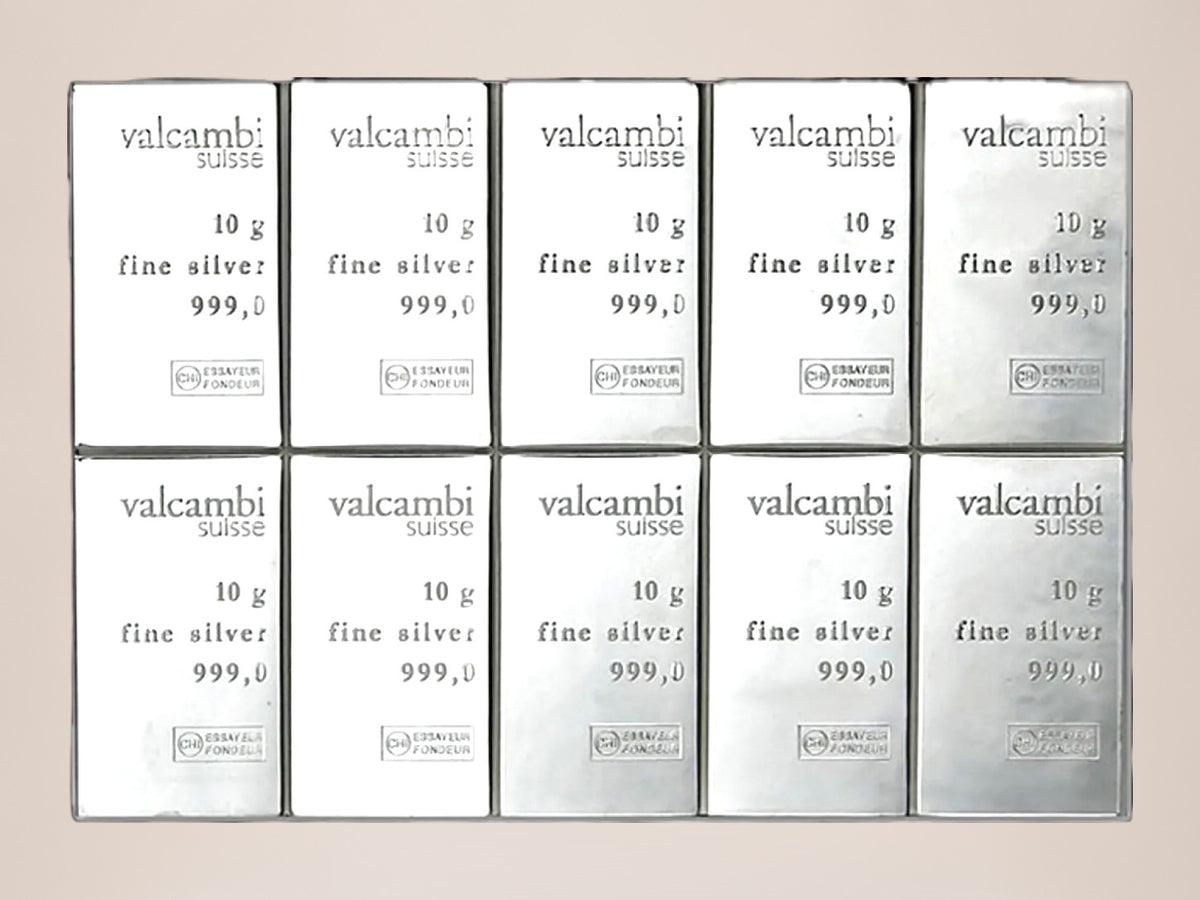 Valcambi CombiBar 10 × 10 g sølvbarre – fjernlager