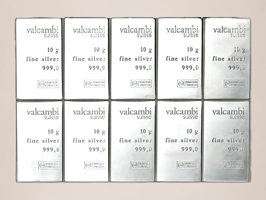 Valcambi CombiBar 10 × 10 g sølvbarre – fjernlager