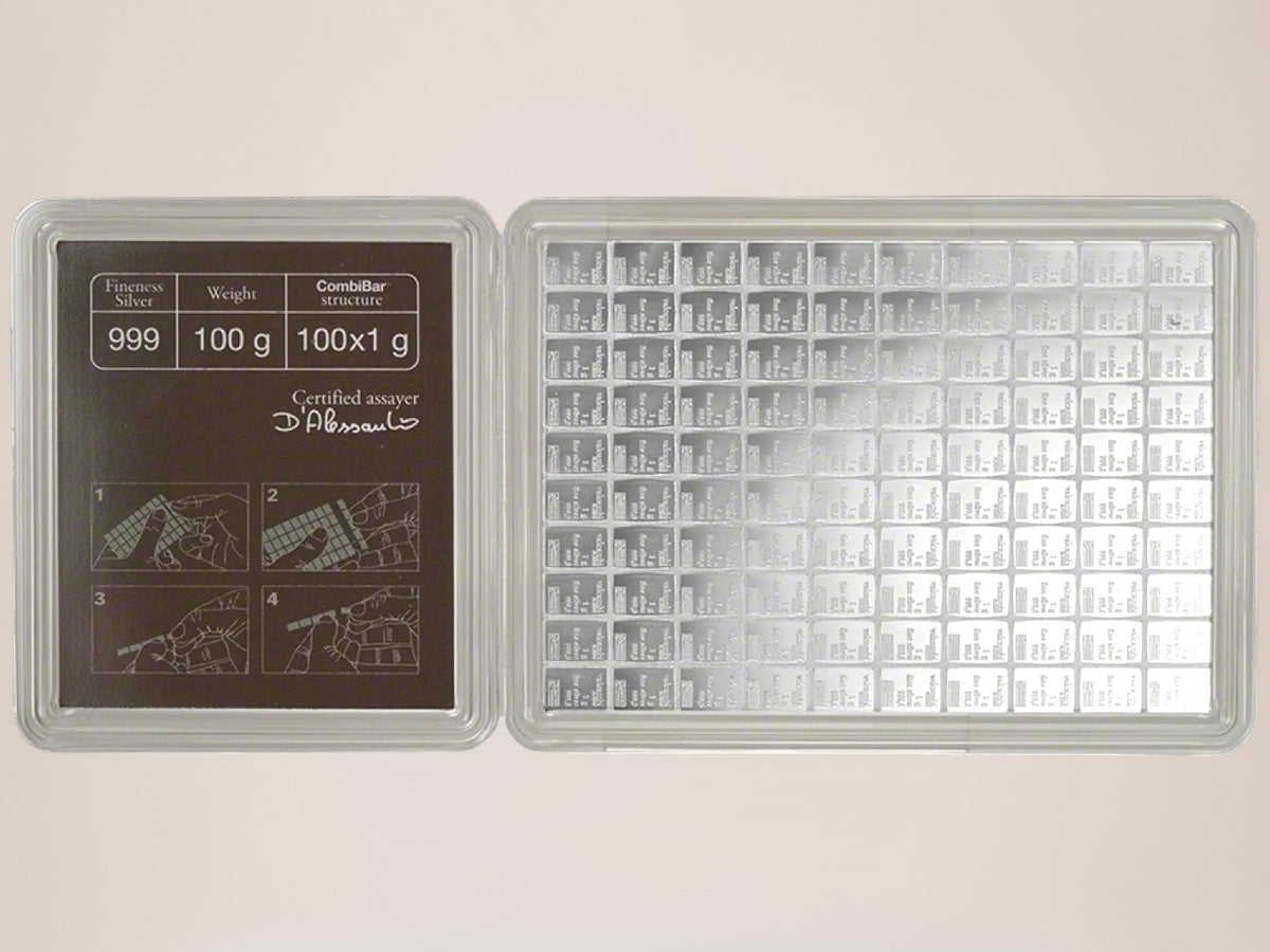 Valcambi CombiBar 100 × 1 g sølvbarre – fjernlager