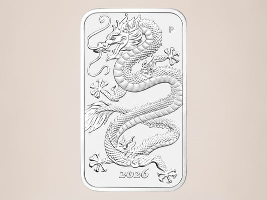 Perth Mint Rectangular Dragon 2026 1 oz sølvmønt - fjernlager
