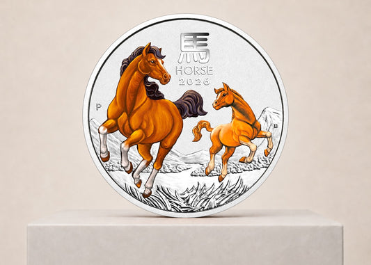 Lunar III Horse 2026 5 oz farvet sølvmønt – fjernlager
