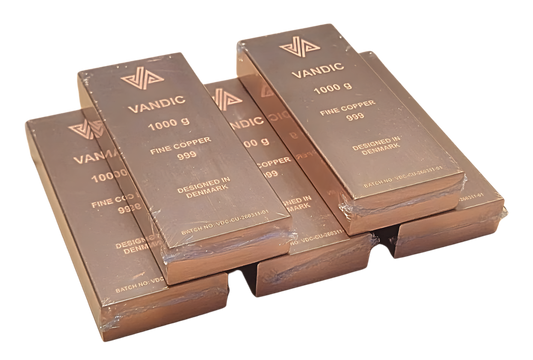 5 kobberbarrer 999 inkl. certifikater