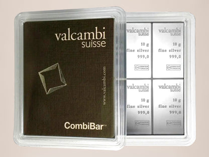 Valcambi CombiBar 10 × 10 g sølvbarre – fjernlager