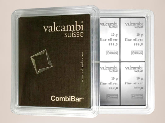 Valcambi CombiBar 10 × 10 g sølvbarre – fjernlager